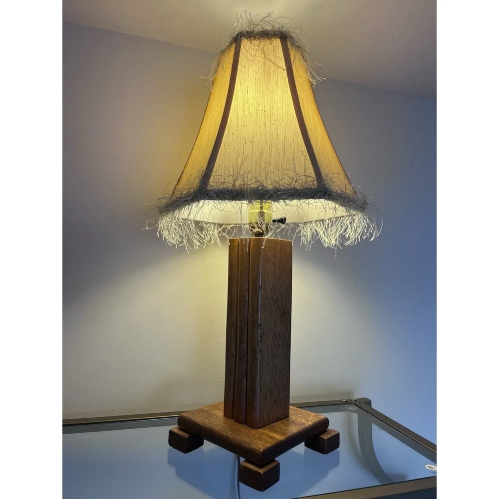 Vintage Wooden Table Lamp with Fabric Shade and Fringe Trim Mid Century Style